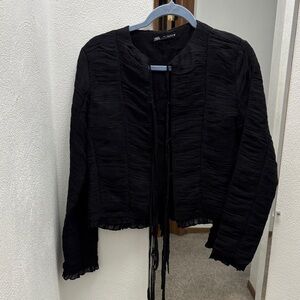 Zara Black Textured Open-Front Blazer with Tie Detail